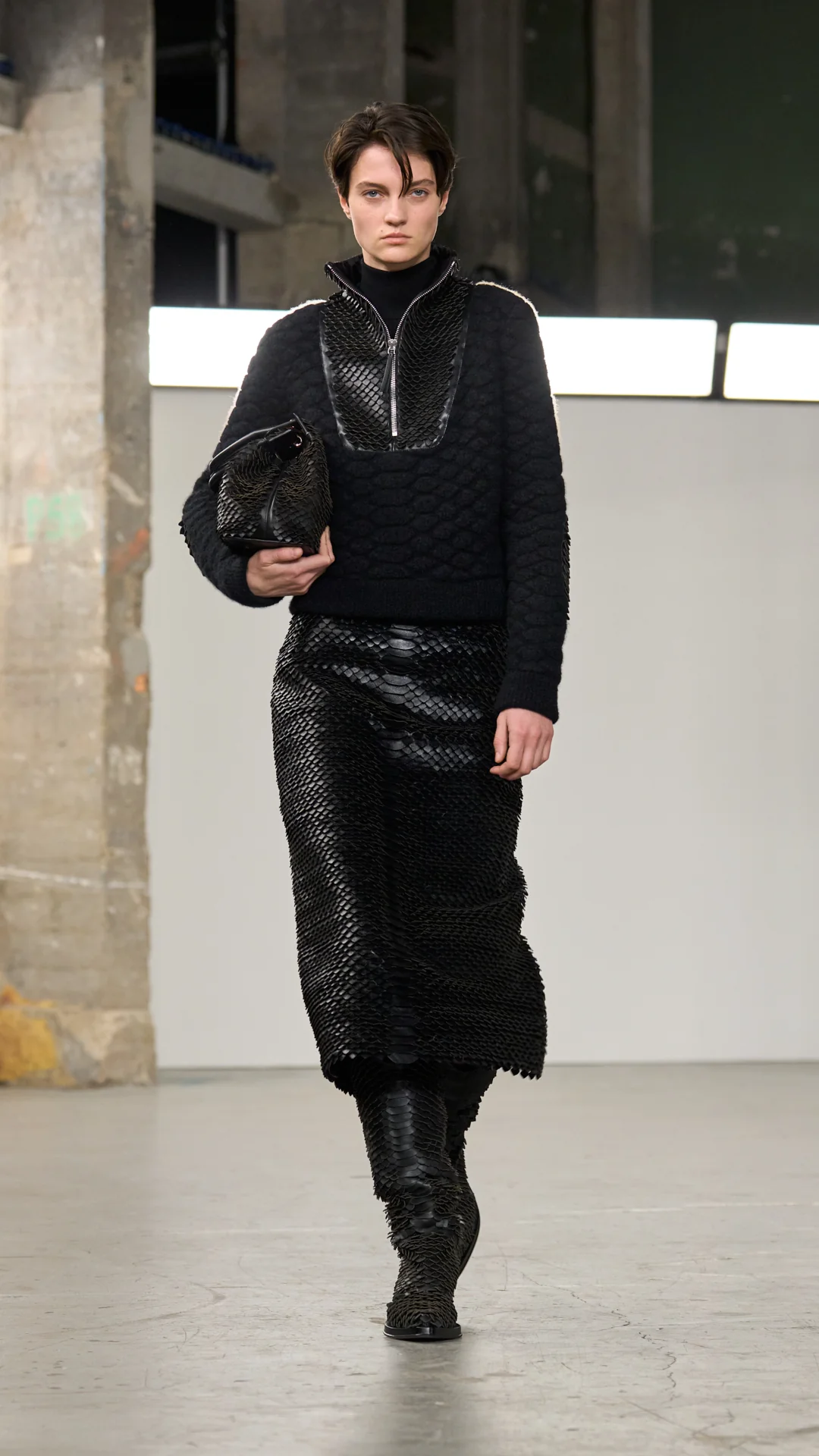 Isha Knit Mock Funnel Neck in Black Nappa Leather Snake Scales & Cashmere