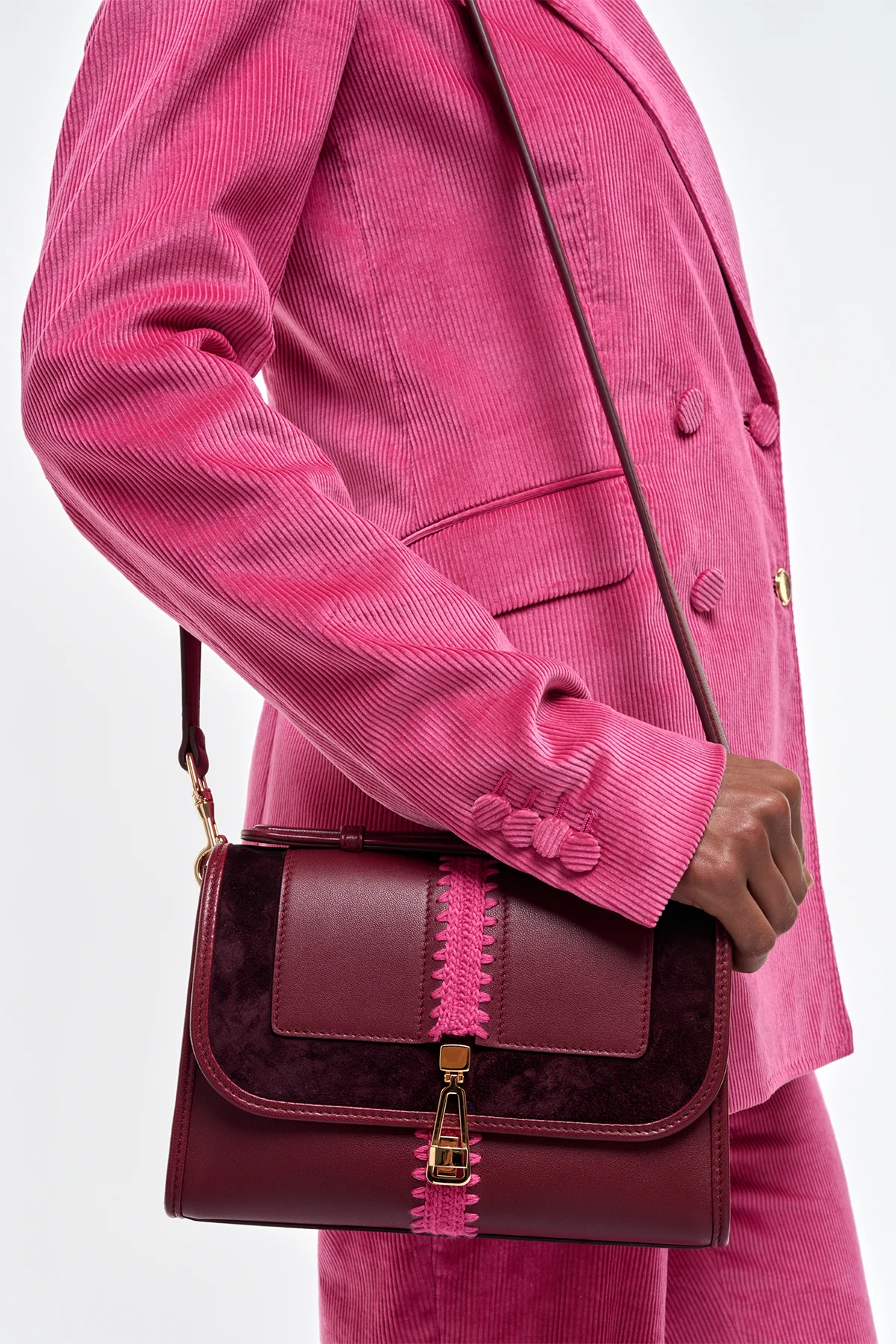 Small Leonora Flap Embroidered Bag in Bordeaux & Fuchsia Nappa Leather