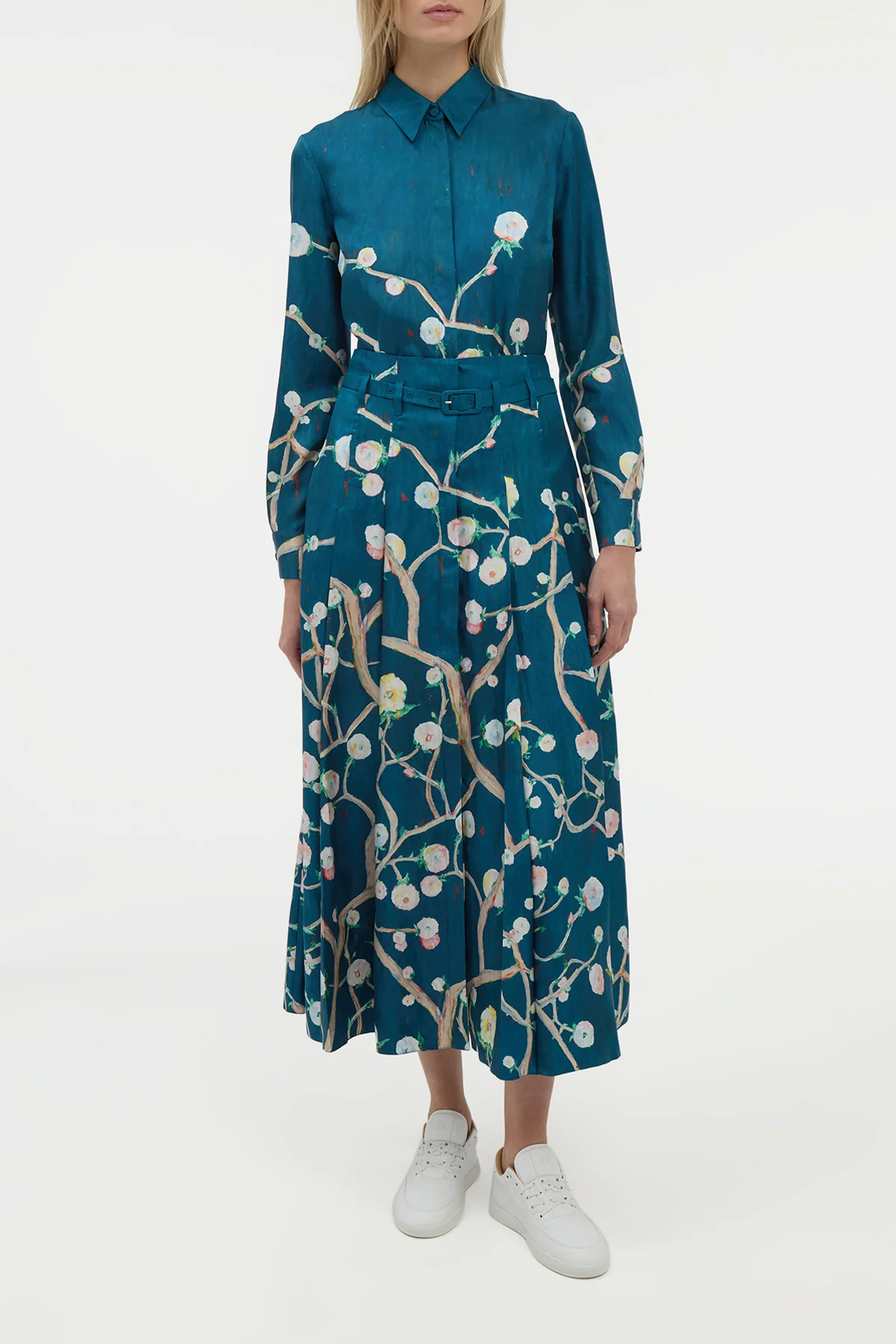 Dugald Pleated Midi Skirt in Blue Multi Printed Silk Twill