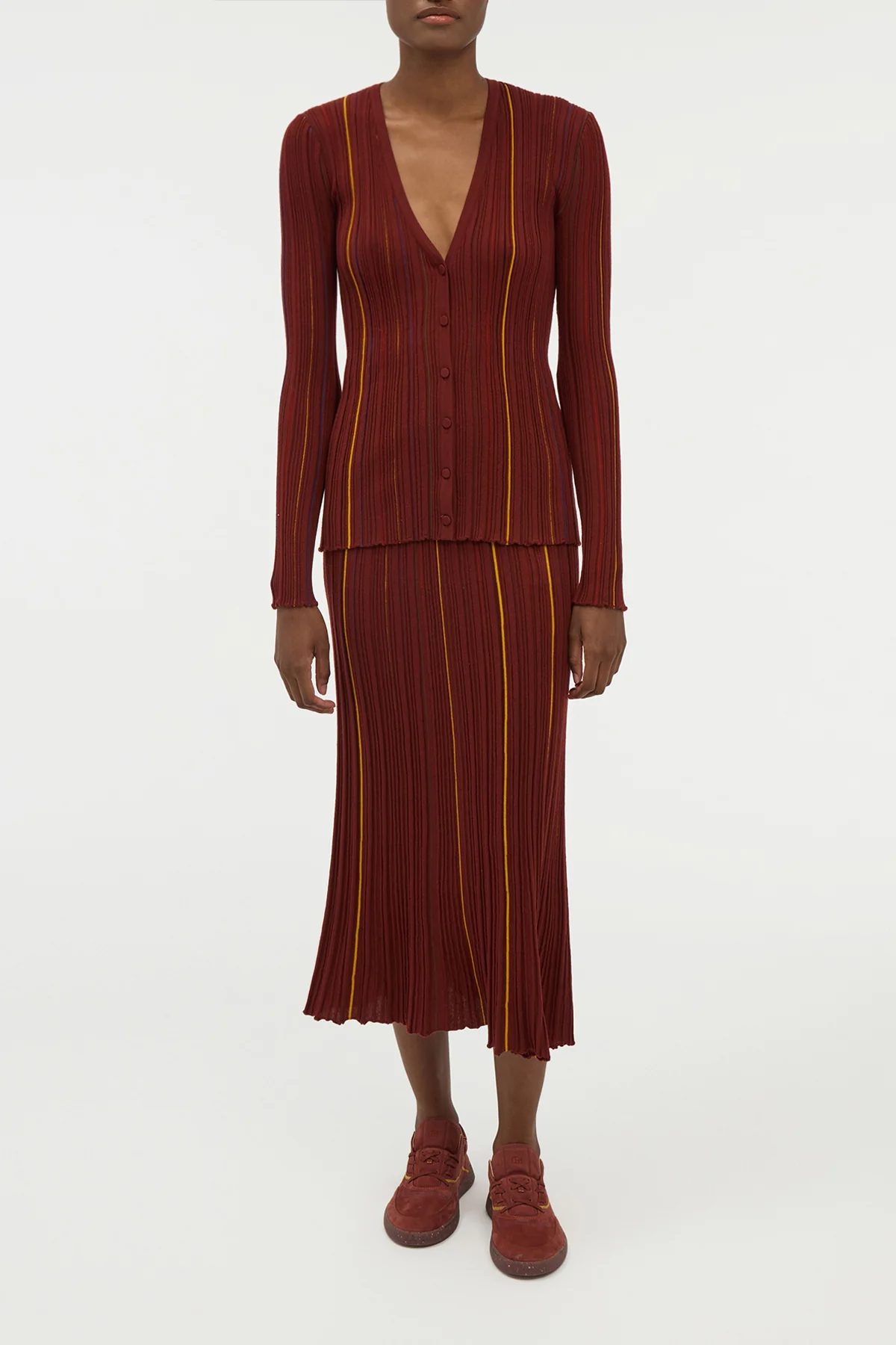 Barth Pinstripe Knit Cardigan in Burnt Sienna Merino Wool