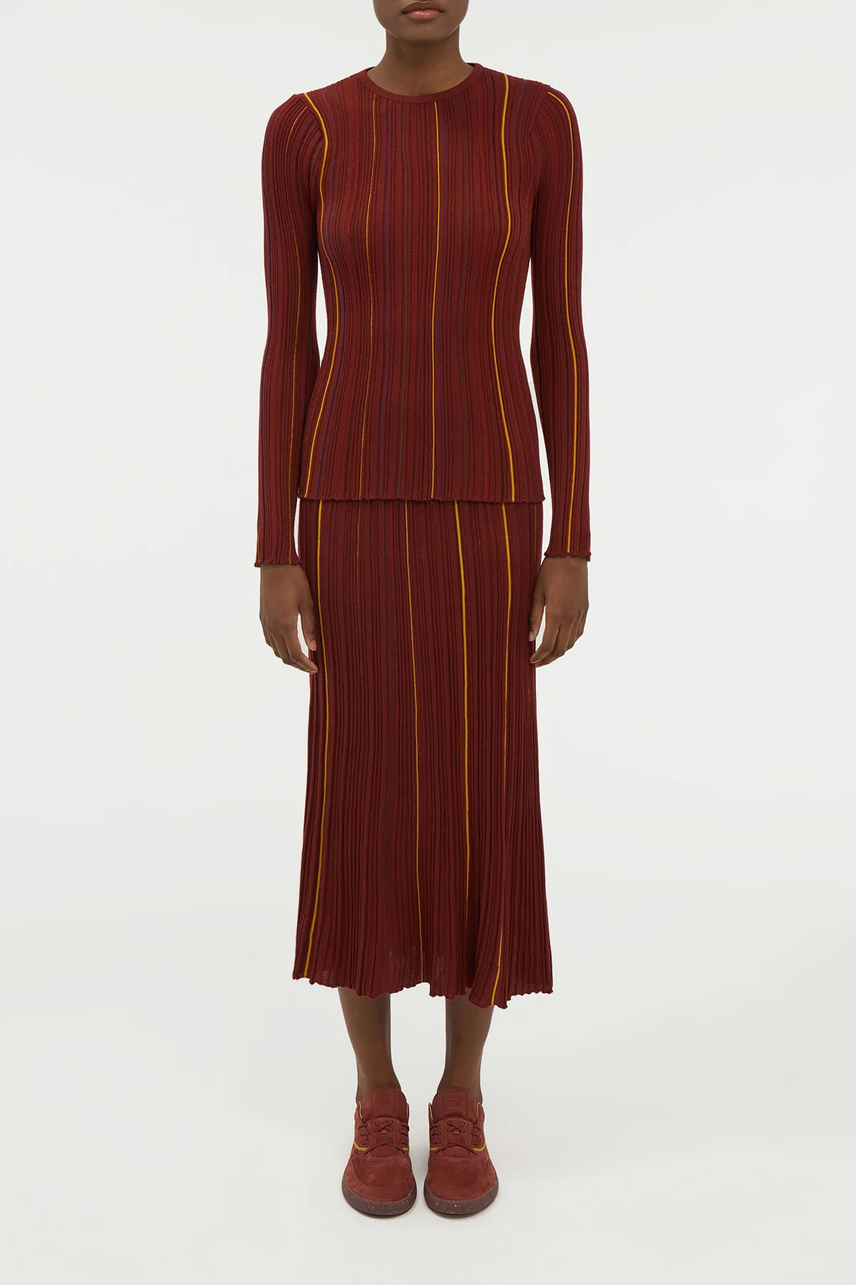 Augie Pinstripe Knit Sweater in Burnt Sienna Merino Wool