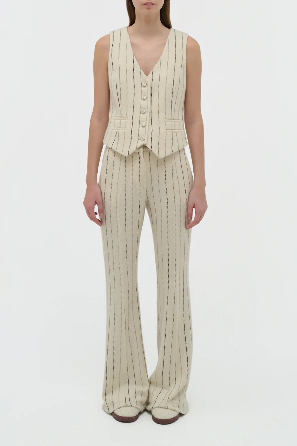 Rhein Flare Pant in Ivory Multi Pinstripe Wool Cashmere