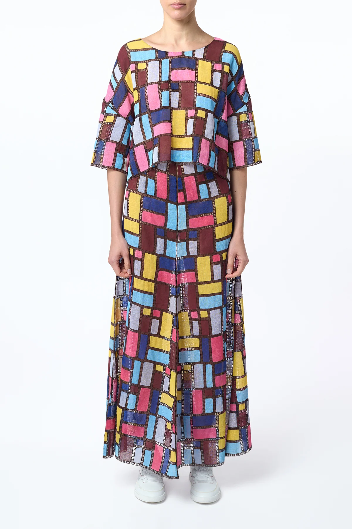 Tatia Patchwork Embroidered Cropped Top in Aurora Multi Linen
