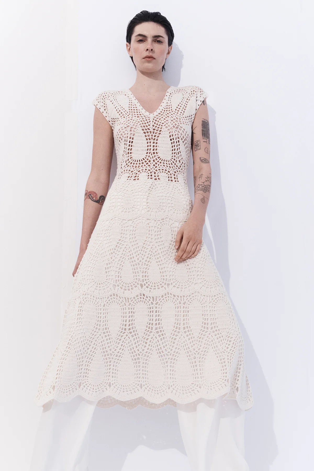 Waldman Crochet Maxi Dress in Ivory Wool Cashmere