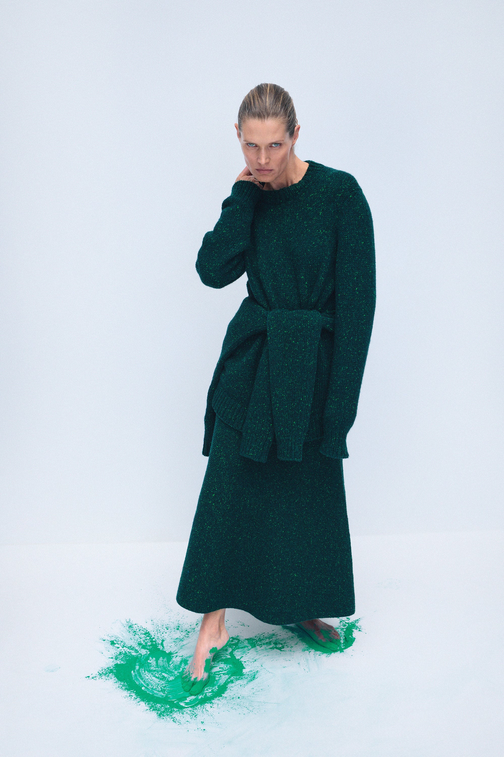 Eden Knit Midi Skirt in English Green Speckled Aran Cashmere