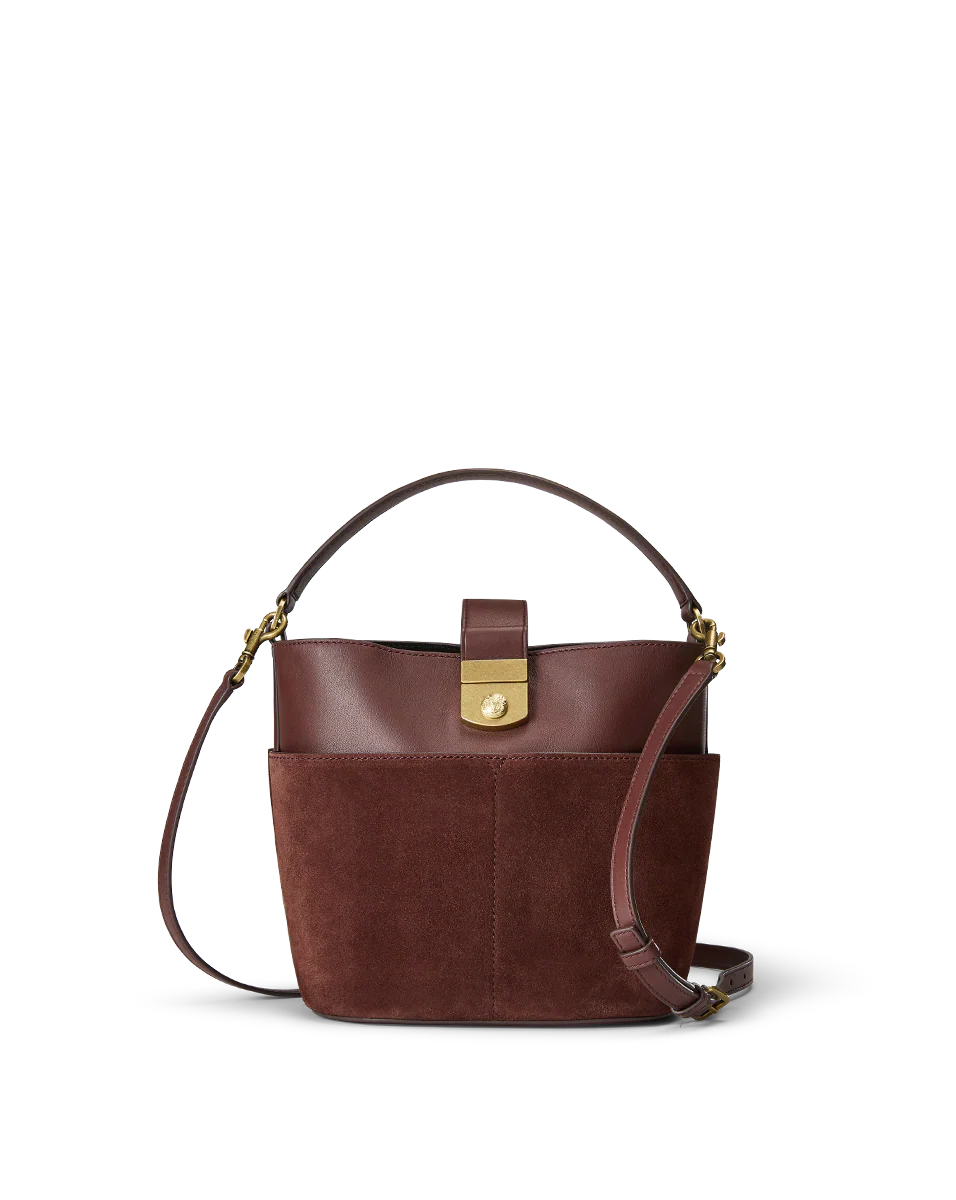 Small Crest Lock Suede Bucket Bag