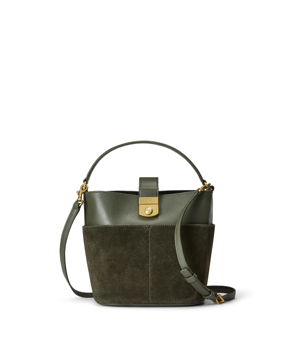 Small Crest Lock Suede Bucket Bag
