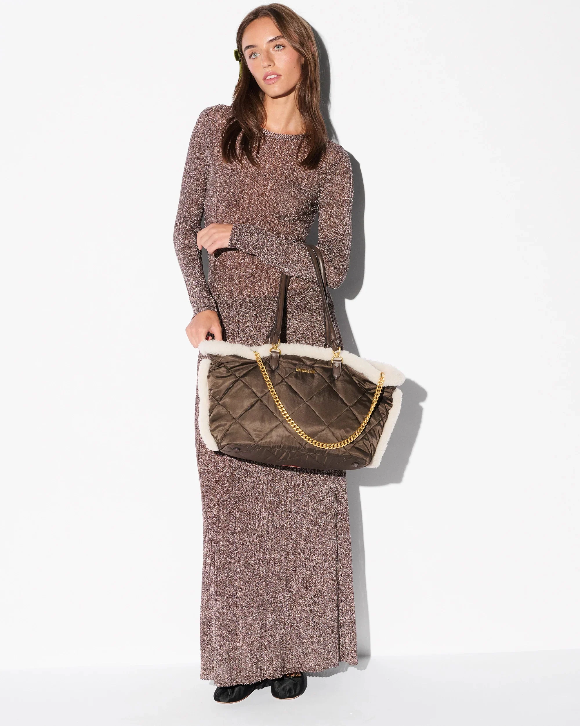Shearling / Walnut Medium Madison E-W Tote