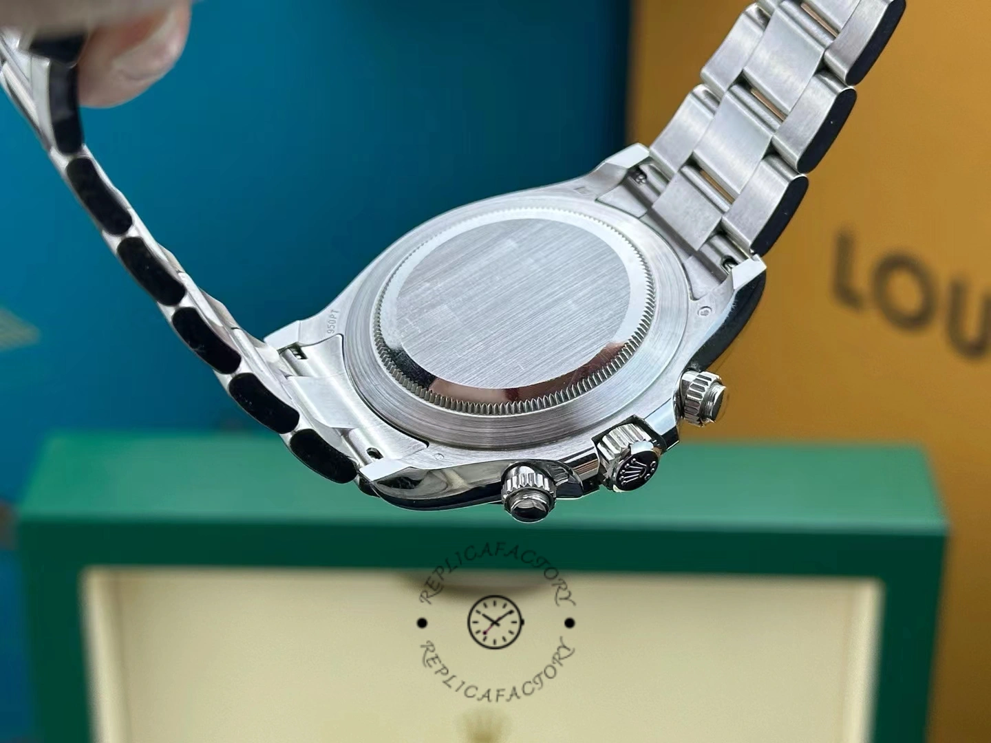 View of the caseback of the Rolex Daytona 116506 showing the solid brushed platinum caseback.
