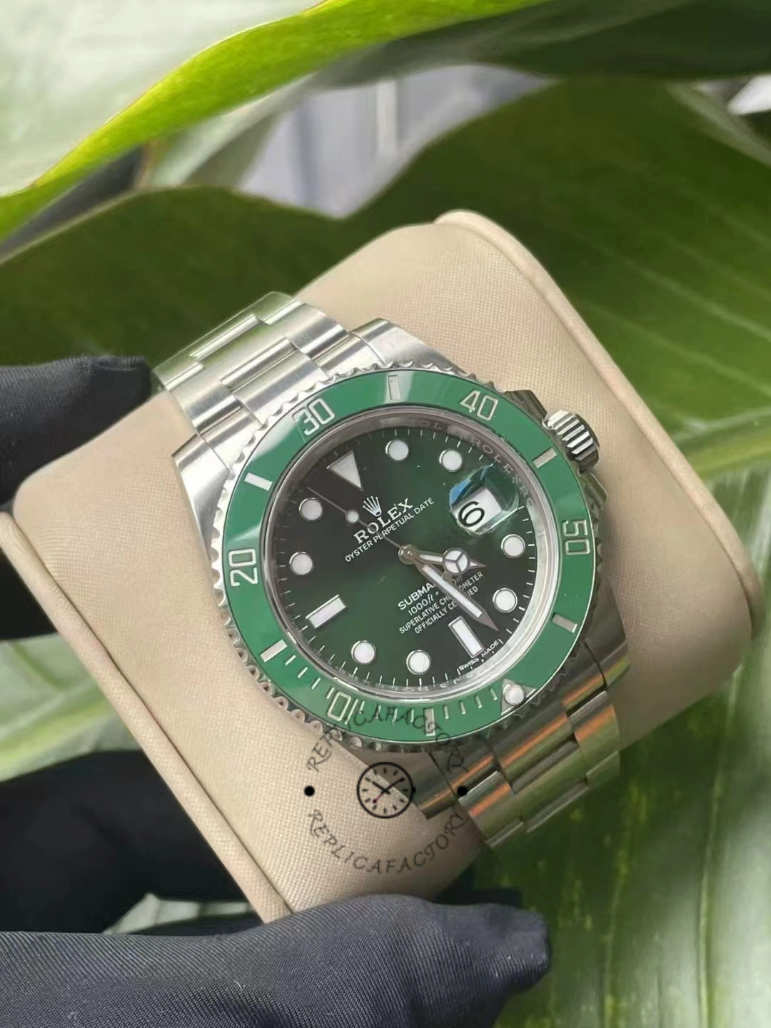 Side-angle view of the Rolex Submariner Date 116610LV highlighting dial texture and polished finish.