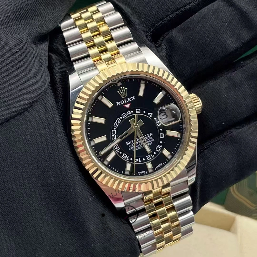Rolex Sky-Dweller 326933 Stainless Steel Yellow Gold Black Dial 42MM Mens Replica Watch