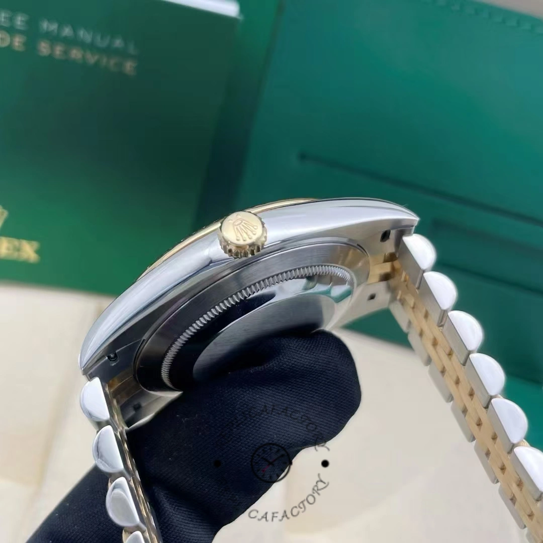 Rolex Datejust 41 126333 crown side view showing gold crown and polished case.