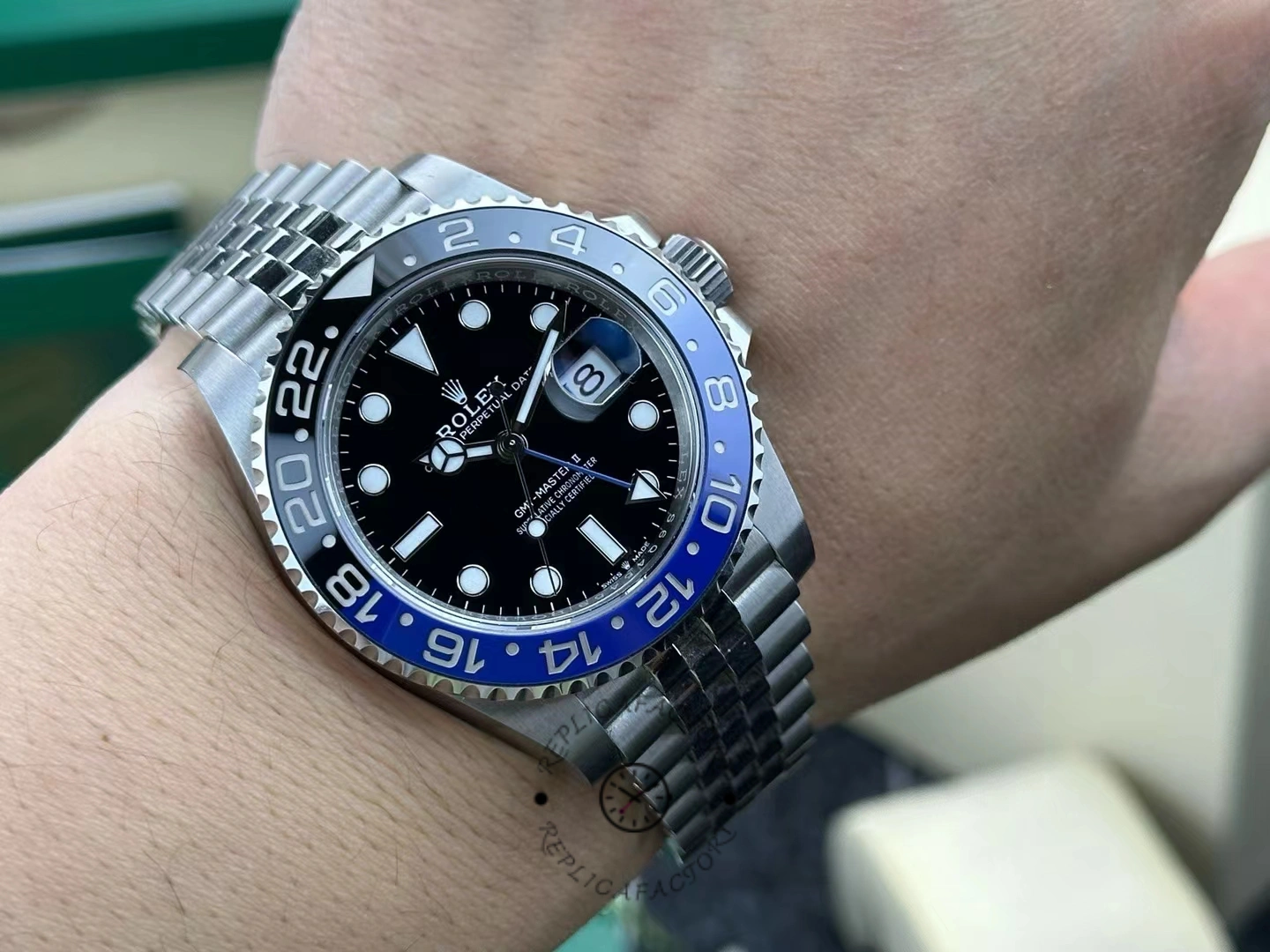Wrist shot of Rolex GMT-Master II 126710BLNR-0002 after a year of daily wear. showing comfort fit and case shine.