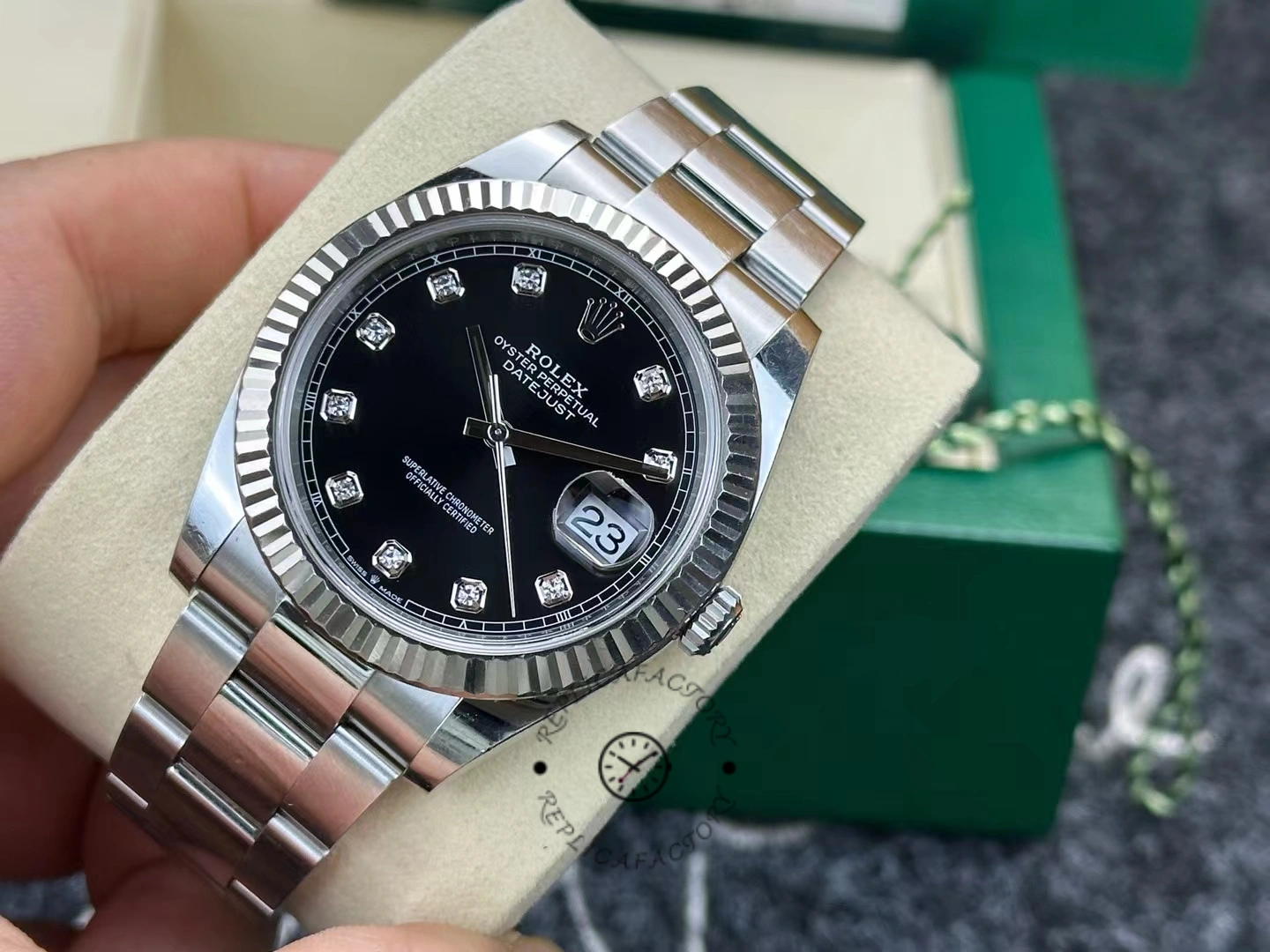 Rolex Datejust 41 with fluted bezel and black dial with diamonds m126334 0011
