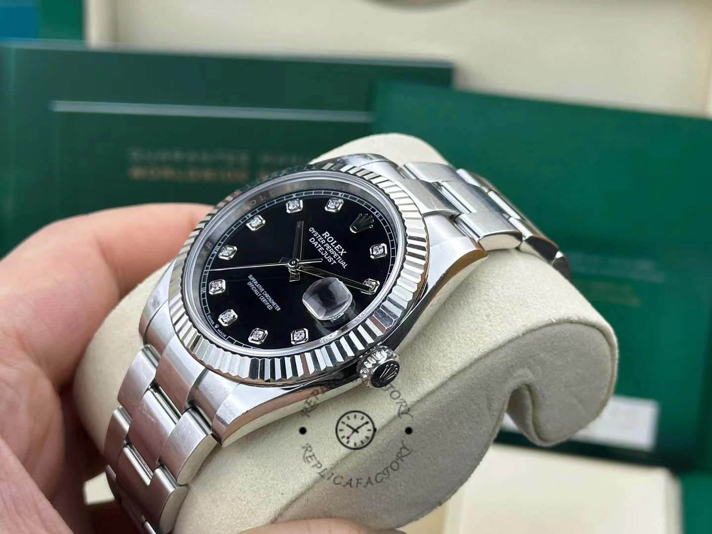 Rolex Datejust 41 with fluted bezel and black dial with diamonds m126334 0011