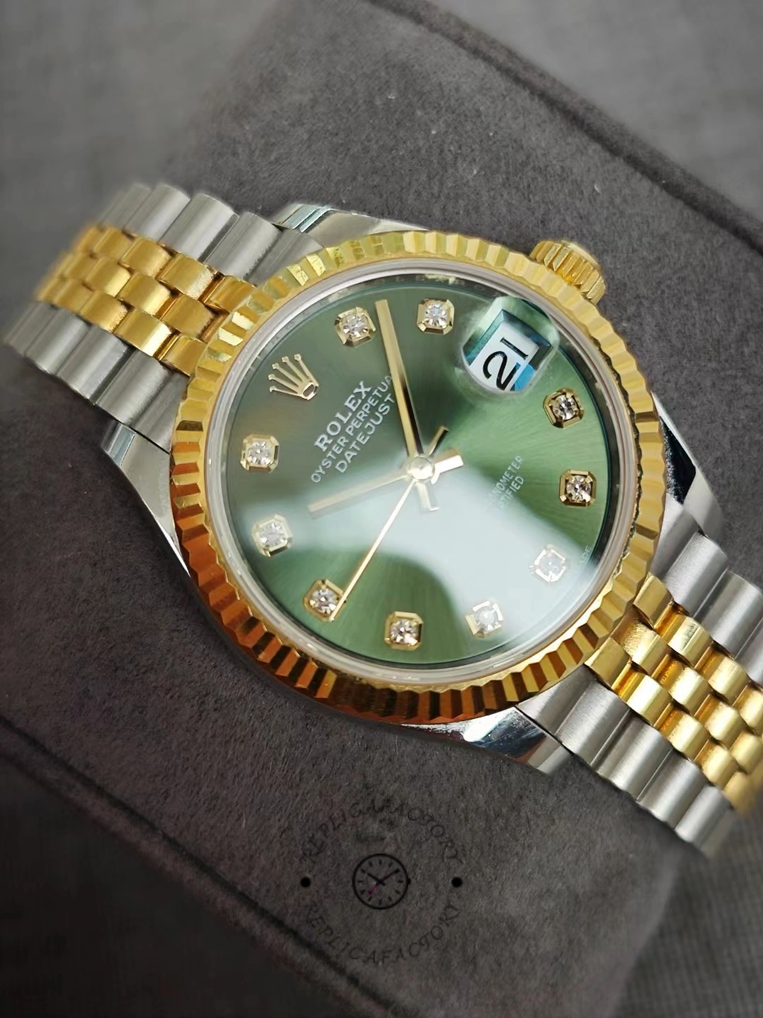 Rolex Datejust 31 278273 with green sunray effect dial and diamond markers after 2 years of use