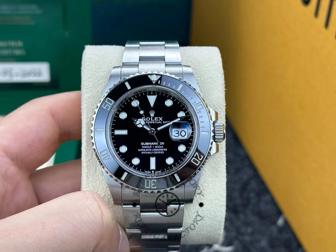 Side view of the Rolex Submariner 126610LN showing the black dial, ceramic bezel and date window.