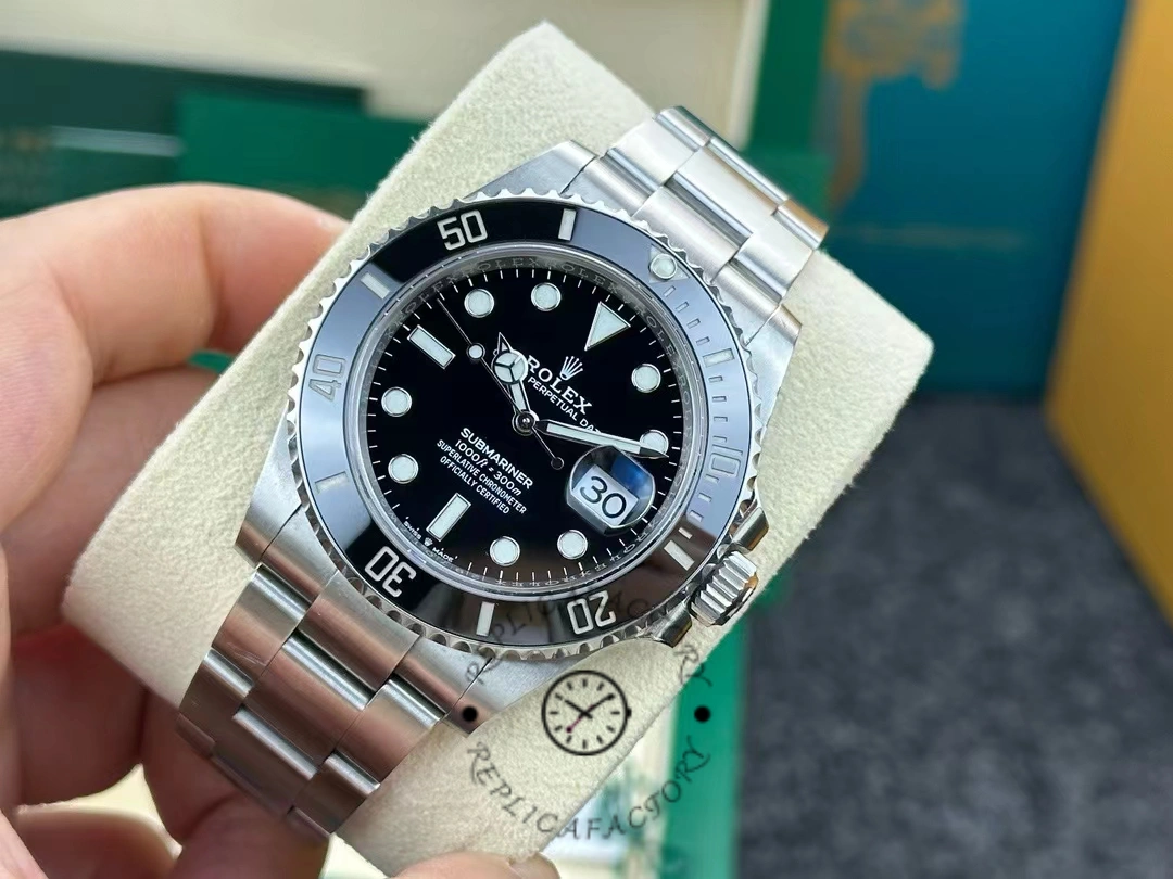 Near view of the Rolex Submariner 126610LN with a focus on the dial and crown.