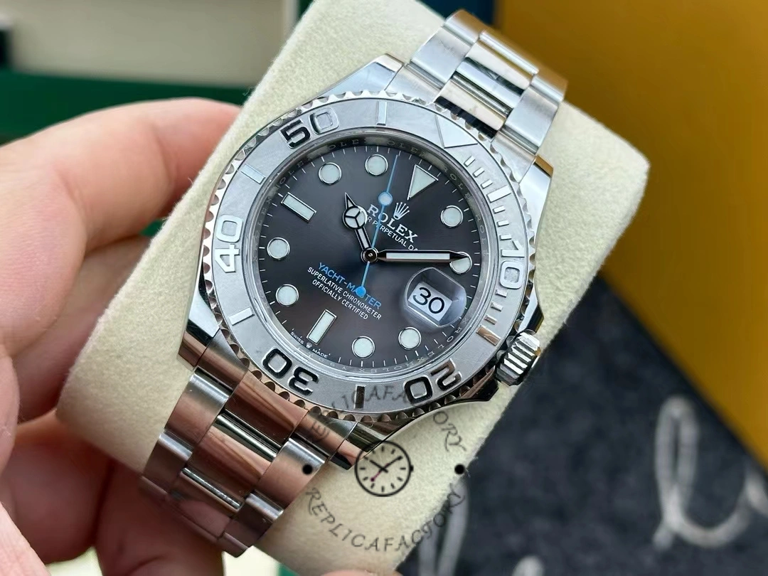 Rolex Yacht-Master 126622, platinum bezel, gray dial, real photo on display cushion
