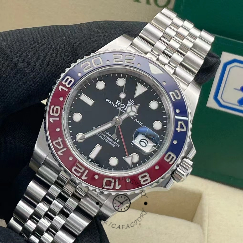 Near view of the Rolex GMT-Master II 126710BLRO with red-blue bezel and date window at 3 o'clock.