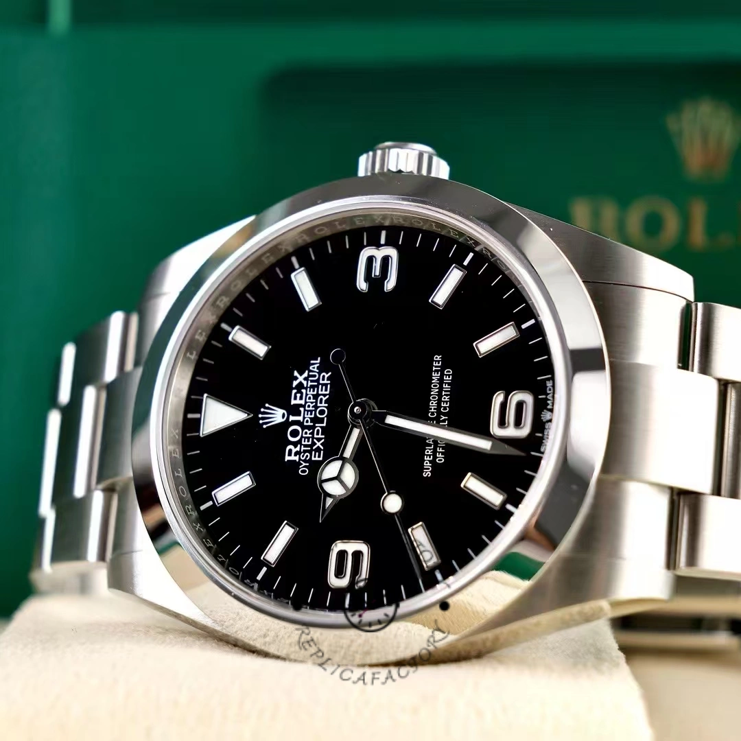 Angled view of the Rolex Explorer 224270 showing a smooth bezel and luminous hour markers.