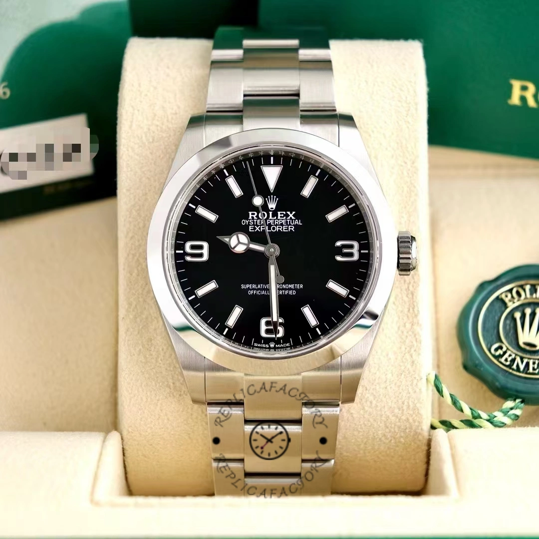Rolex Explorer 224270 with black dial and numbers 3, 6 and 9 on box with green Rolex label.