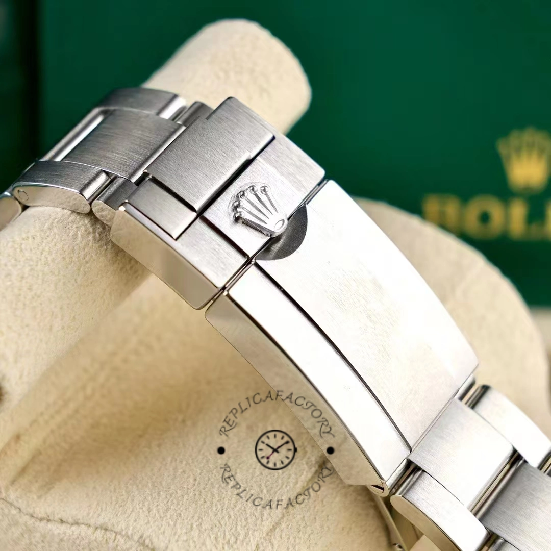 Rolex Explorer 224270 wrist closure showing the Rolex crown engraved in brushed steel.